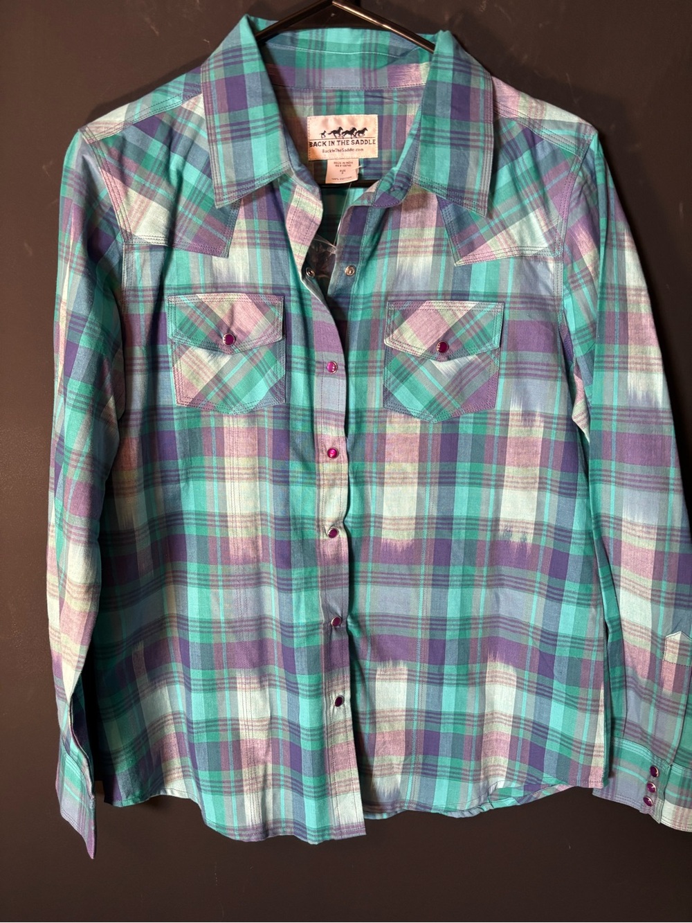 Back in the Saddle Teal & Purple Plaid Button-Down Shirt-Small-NWT